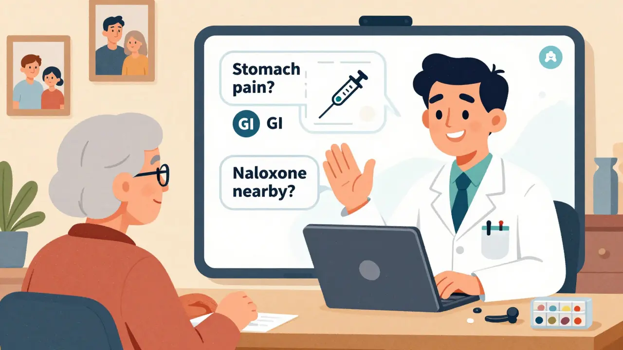 Pharmacist conducting a video counseling session with an elderly patient, adapting script based on patient concerns.