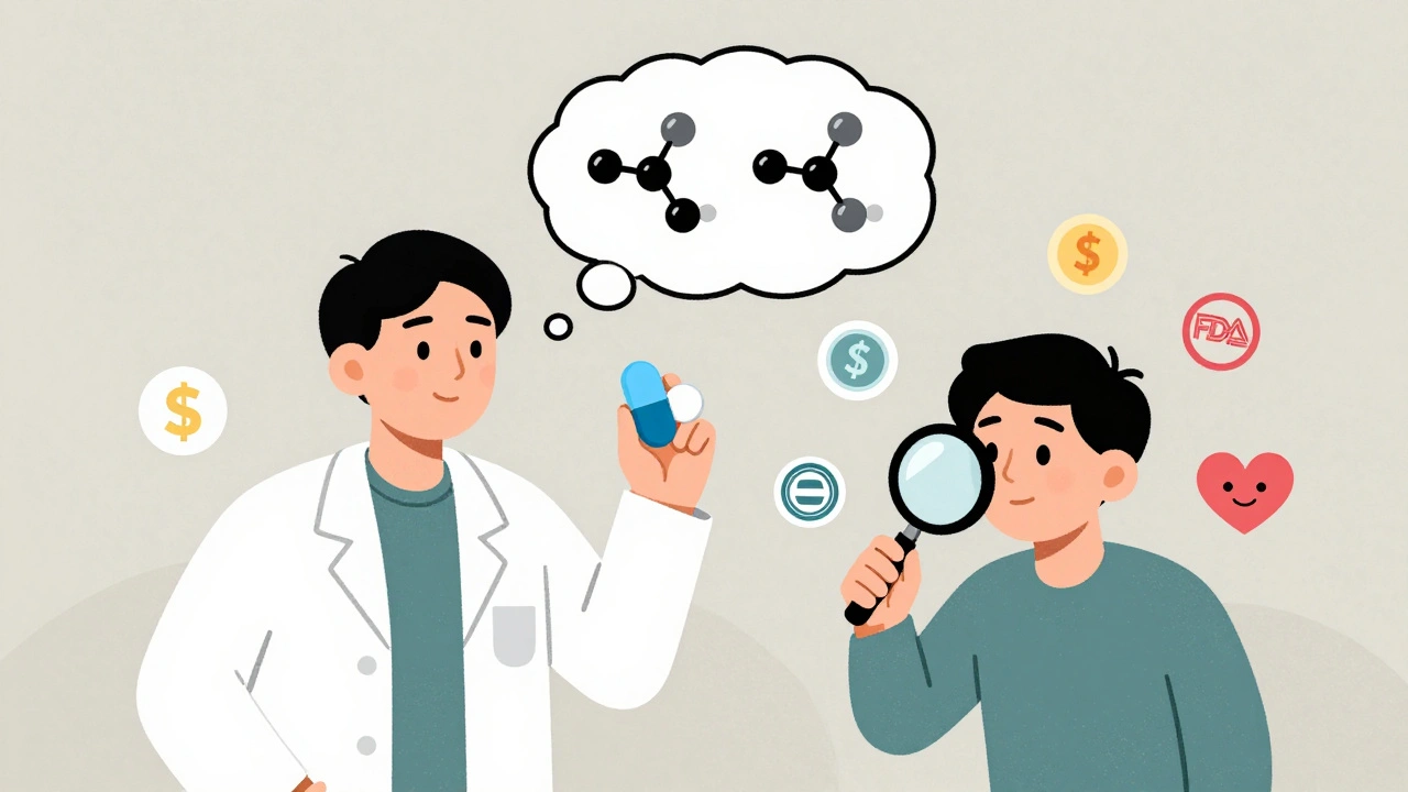 Pharmacist explaining two differently shaped pills with identical molecular structures.
