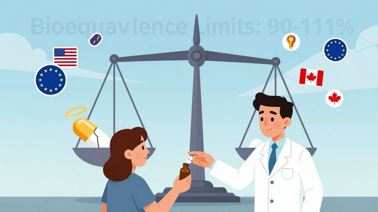 Pharmacist giving a pill to a patient while a scale compares branded and generic drugs.