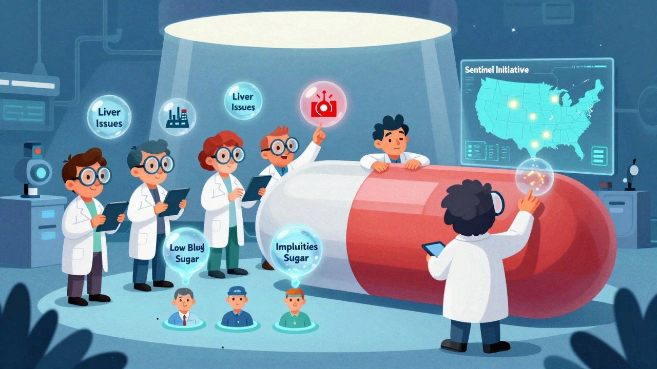 Scientists in a pill-shaped center analyzing floating health data alerts from patients.