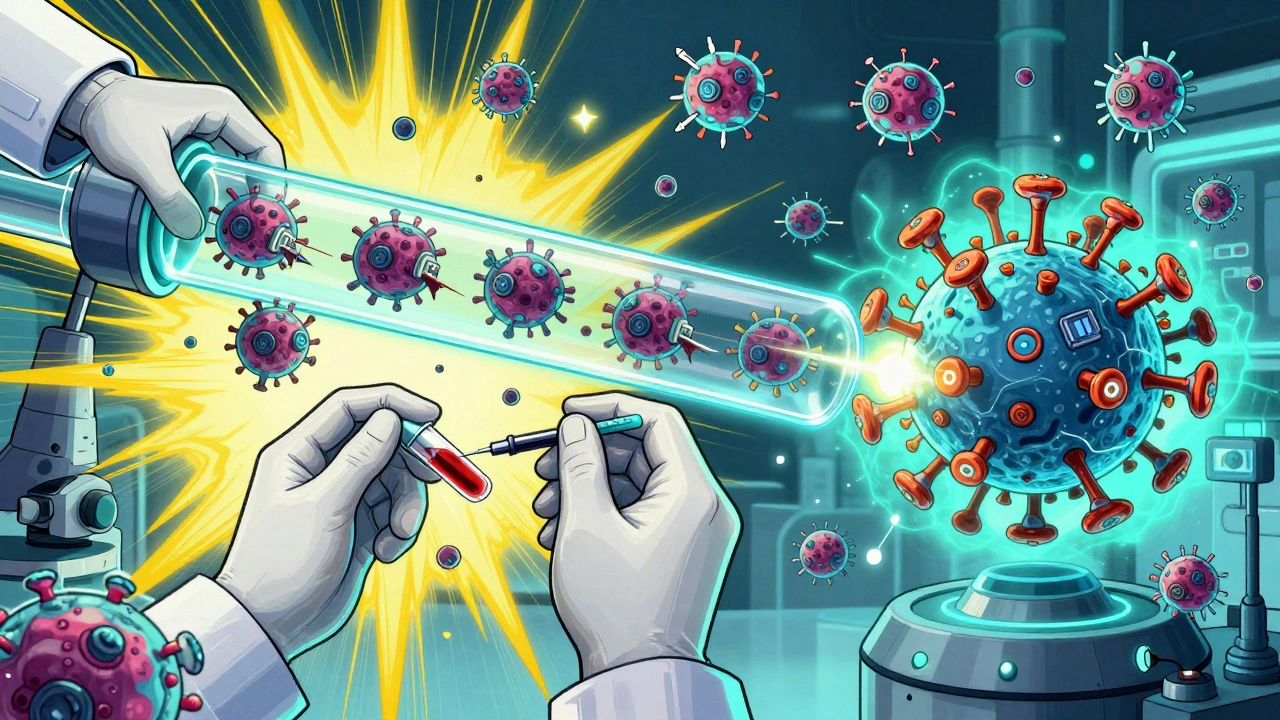 Scientists transforming blood cells into armored CAR-T warriors with GPS chips in a glowing lab machine.