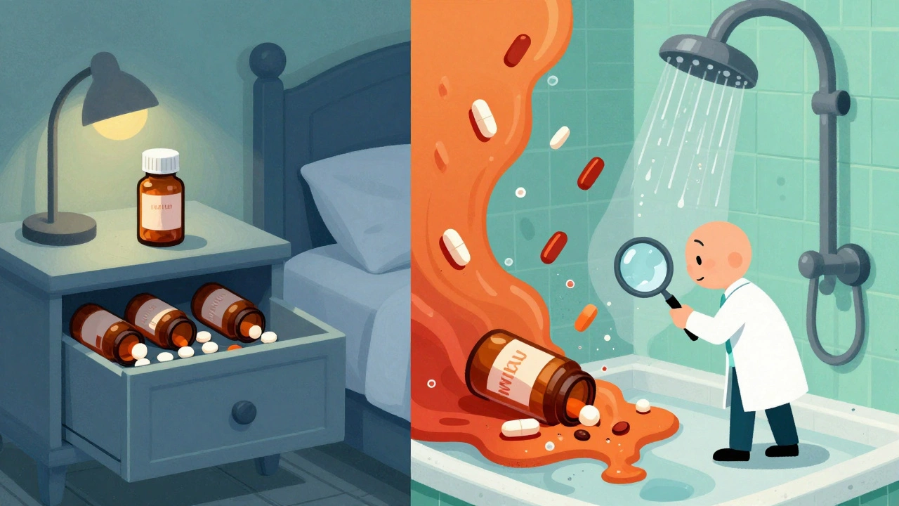 Side-by-side comparison of properly stored pills in a cool drawer versus degraded pills in a humid bathroom.