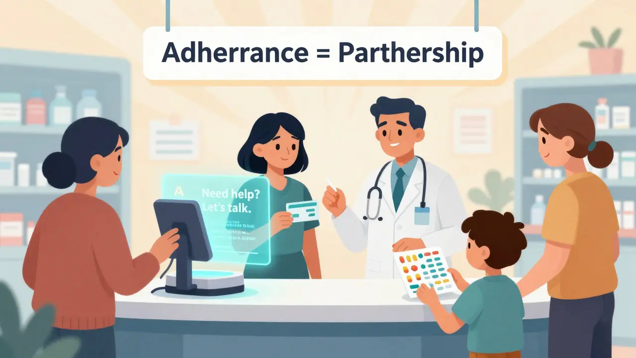 Smart pharmacy dispenser projecting a message to patients, with diverse individuals receiving tailored support and care in a warm, hopeful setting.