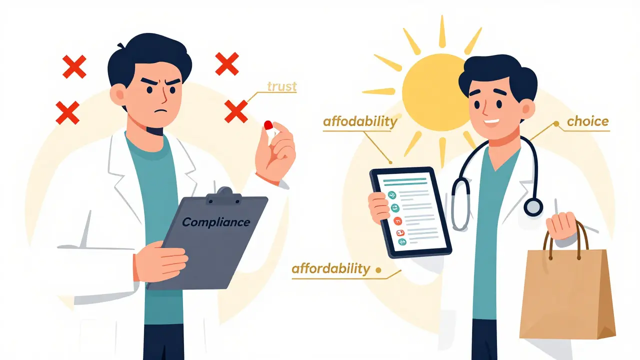 Split illustration contrasting outdated compliance (red X's, frowning patient) with modern adherence (golden threads, personalized plan, smiling provider).