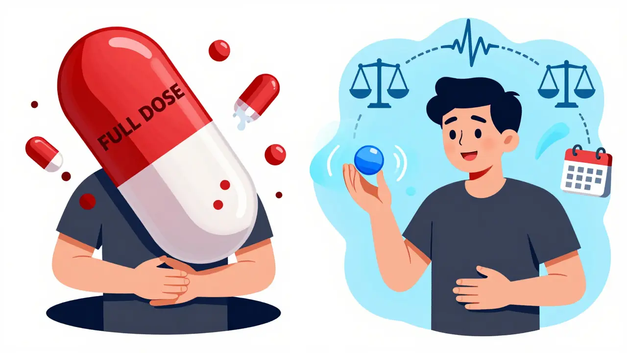 Split illustration: one side shows illness from a large pill, the other shows calm with a small pill and health symbols.