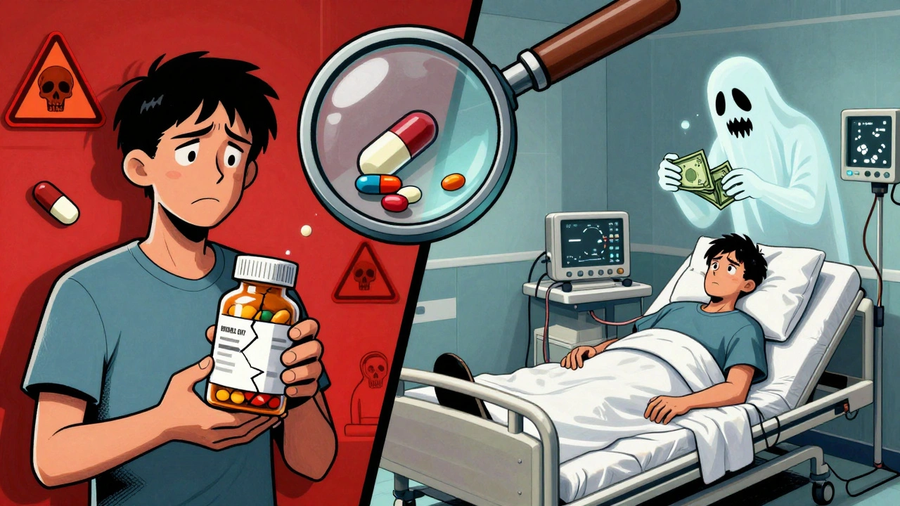 Split scene: a patient taking fake pills vs. the same person hospitalized, with a criminal counting cash.