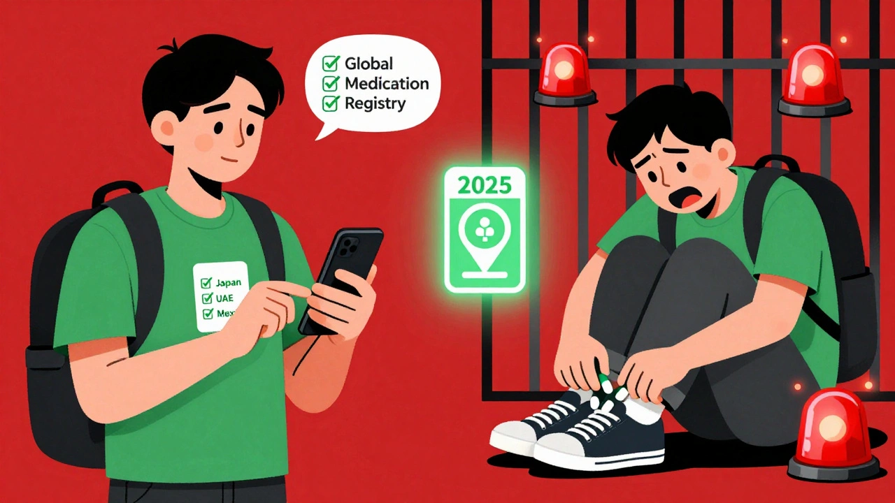 Split scene: calm traveler using app with green checks vs. panicked one hiding pills, red alarms flashing