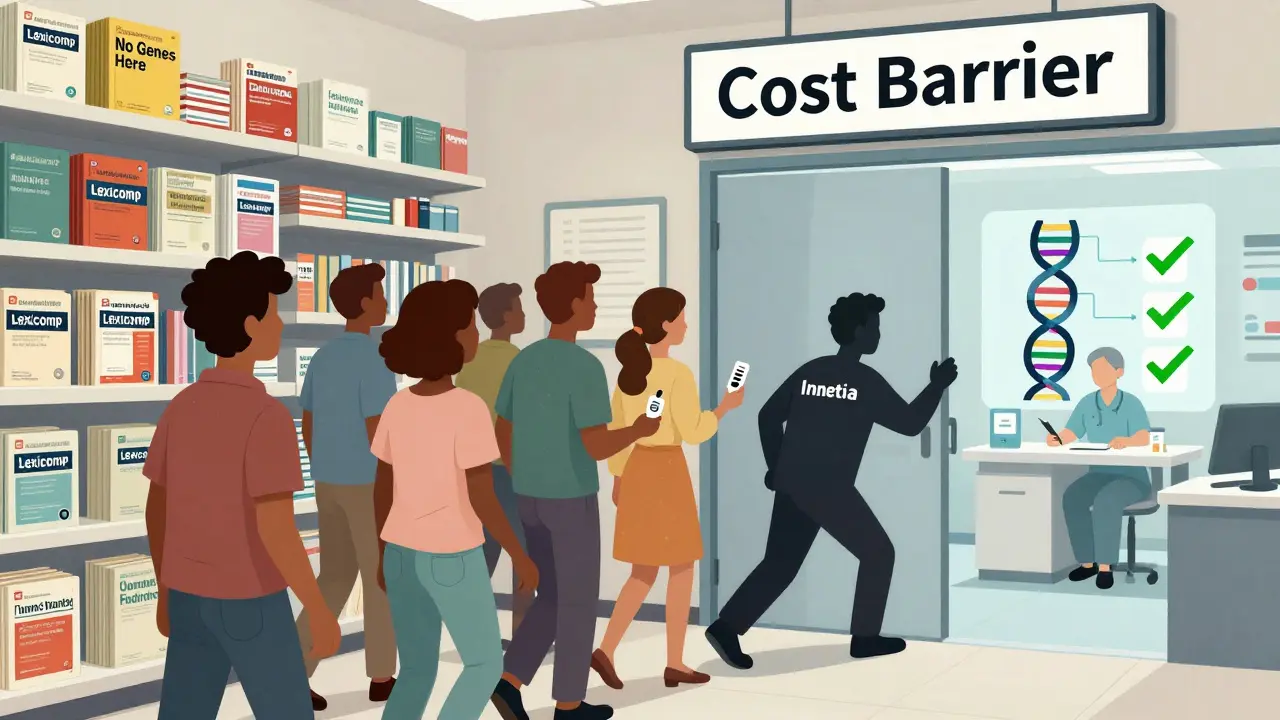 Split scene: outdated pharmacy vs modern clinic with AI analyzing DNA for personalized prescriptions.