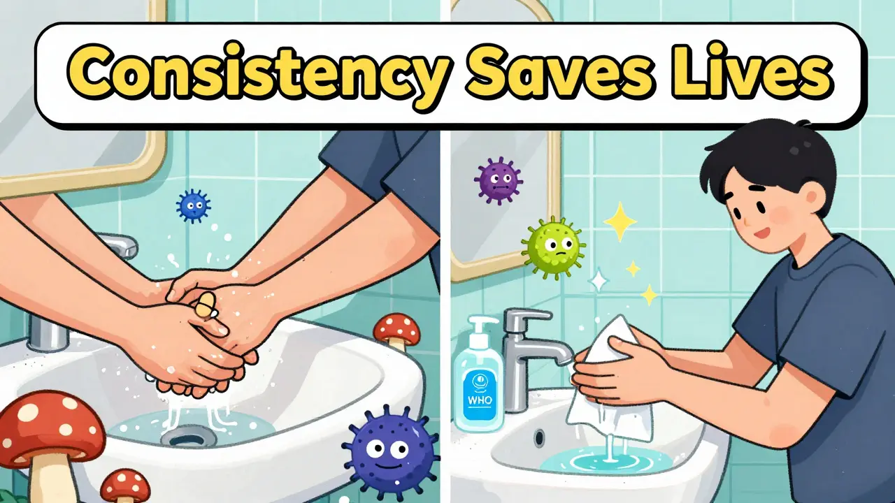 Split scene: poor handwashing with growing germs vs. proper washing with germs disappearing, smart dispenser glowing.