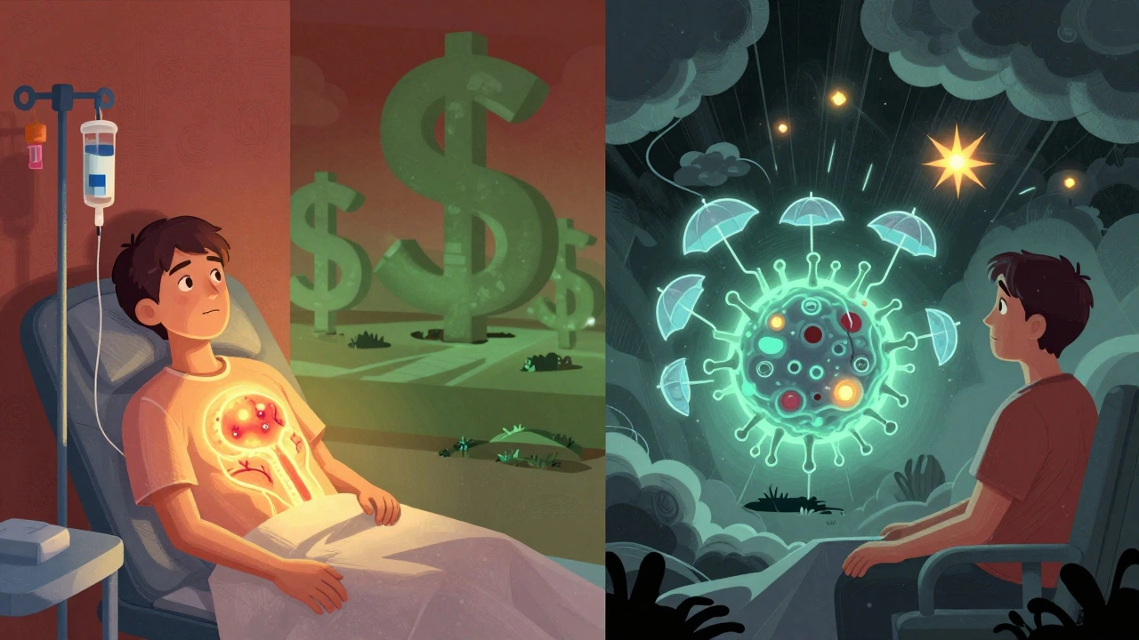 Split scene showing checkpoint inhibitor and CAR-T therapy side effects with hybrid CAR-T cell shielding a tumor.