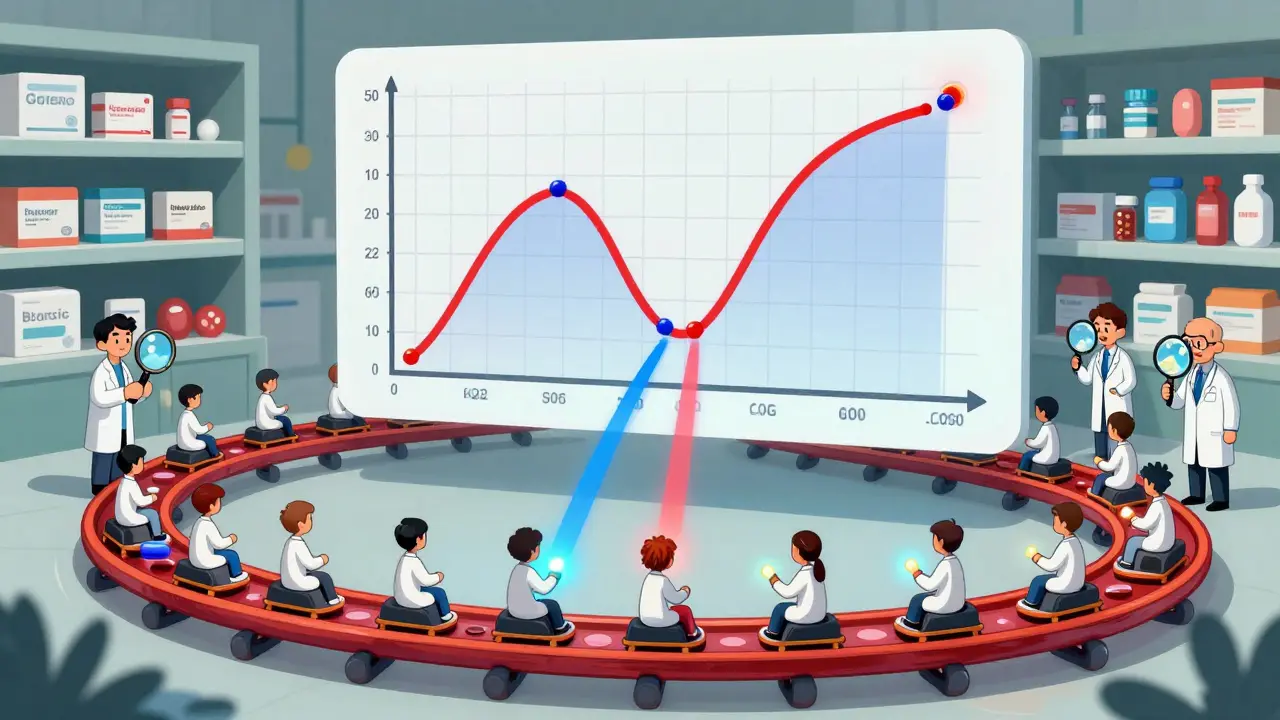 Tiny people riding blood vessel roller coasters while drug levels are measured in a bioequivalence study.