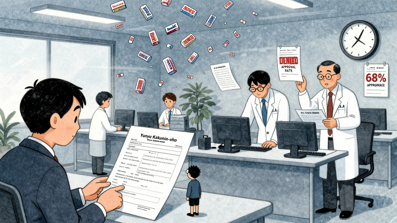 Tiny traveler submitting permit application to towering Japanese health officials, Benadryl boxes raining down