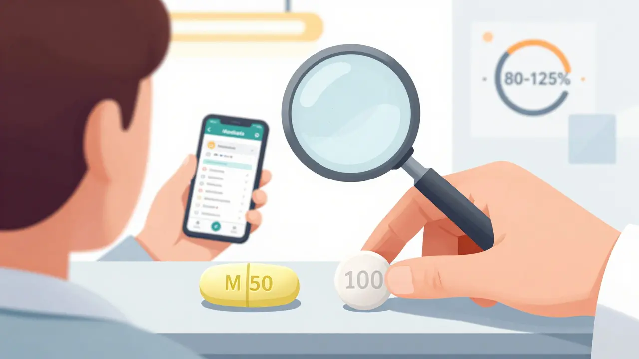 Two different generic pills side by side with magnifying glass revealing coating differences.