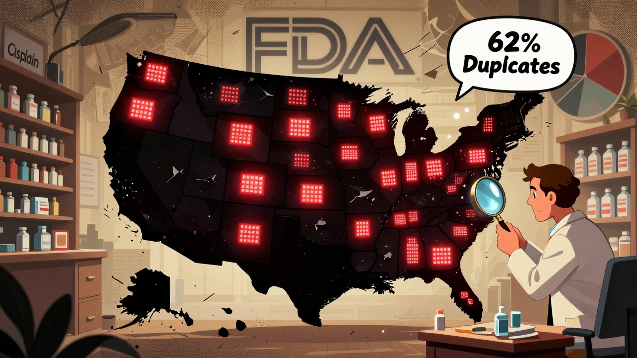 U.S. map with only 28 states showing drug inventory dashboards, a pharmacist stares at empty shelves labeled &#039;Cisplatin&#039; in a dim pharmacy.
