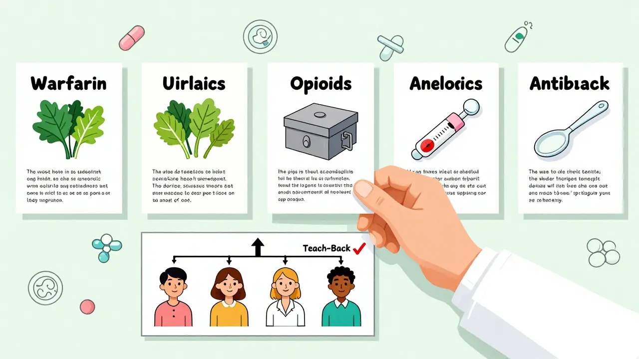 Wall of illustrated medication counseling scripts with visual icons for warfarin, opioids, and antibiotics in a pharmacy.