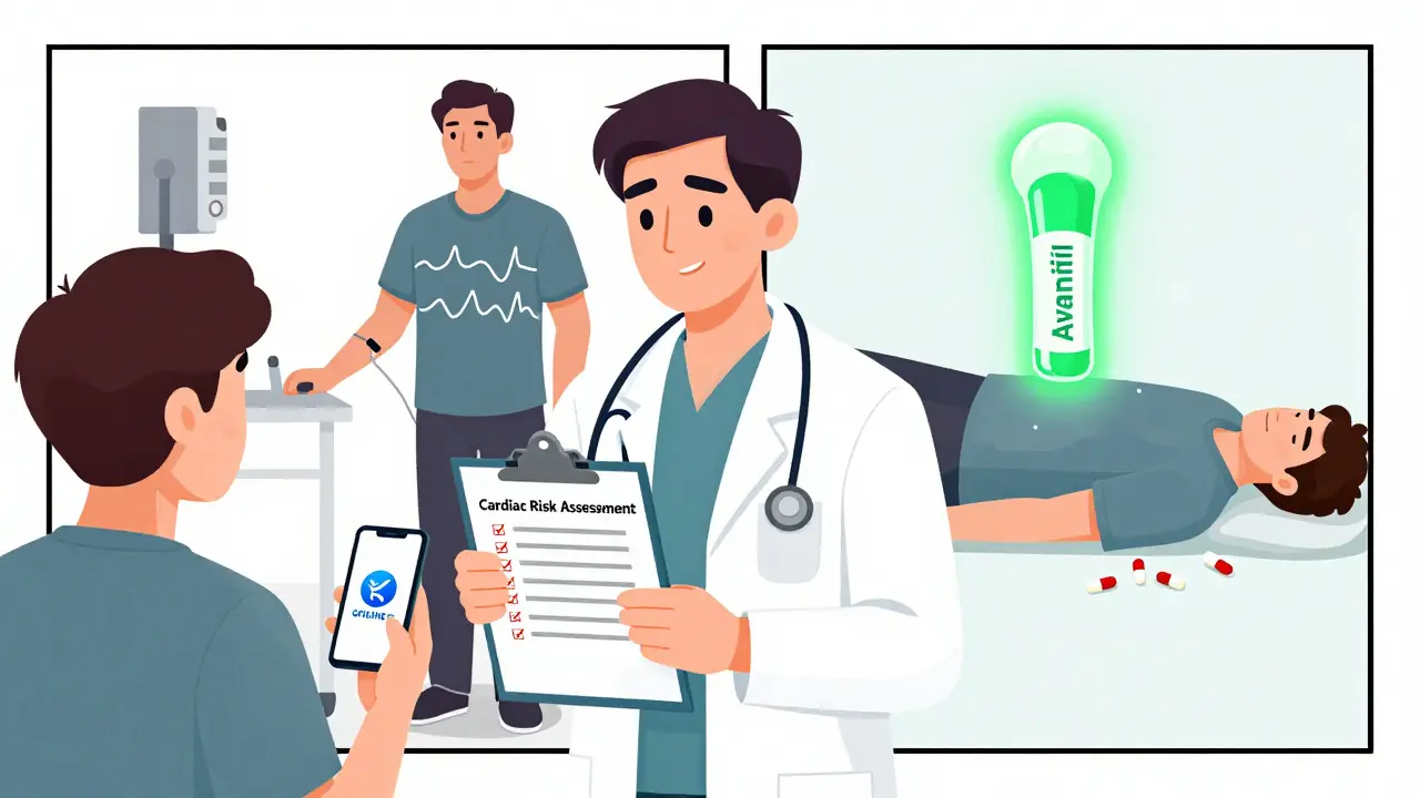 A doctor reviewing cardiac risk with patient, contrasted by safe vs. dangerous scenarios, with a topical gel glowing as a safer alternative.
