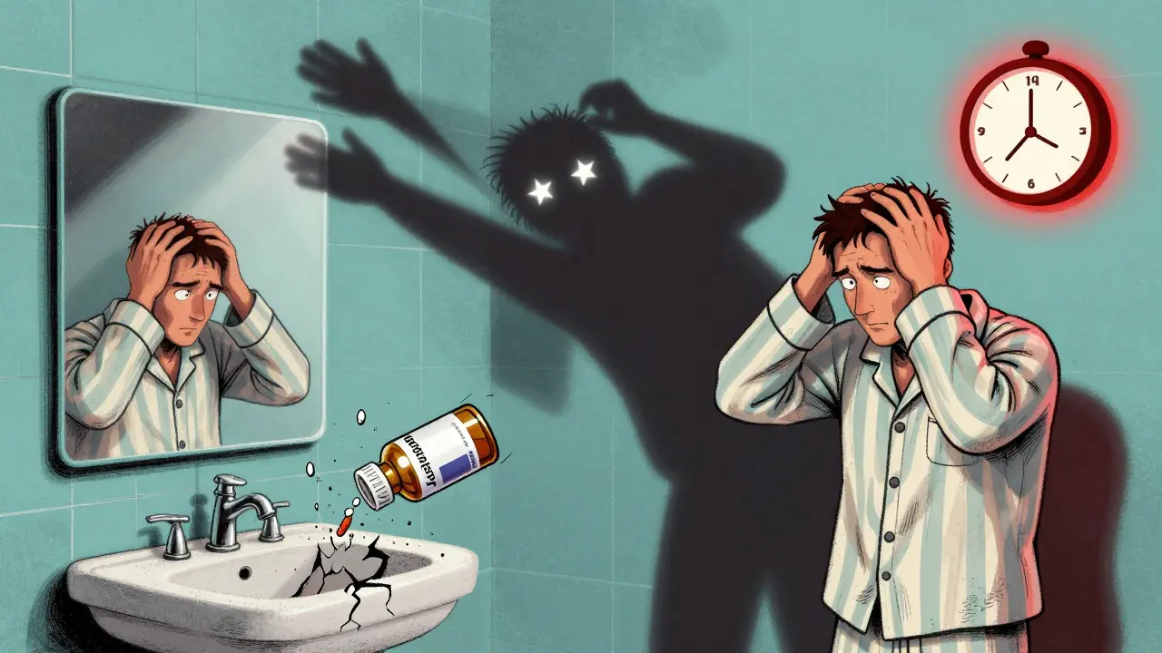 A man collapsing in the bathroom after mixing ED medication with alpha-blockers, with cracked sink and floating warning symbols.