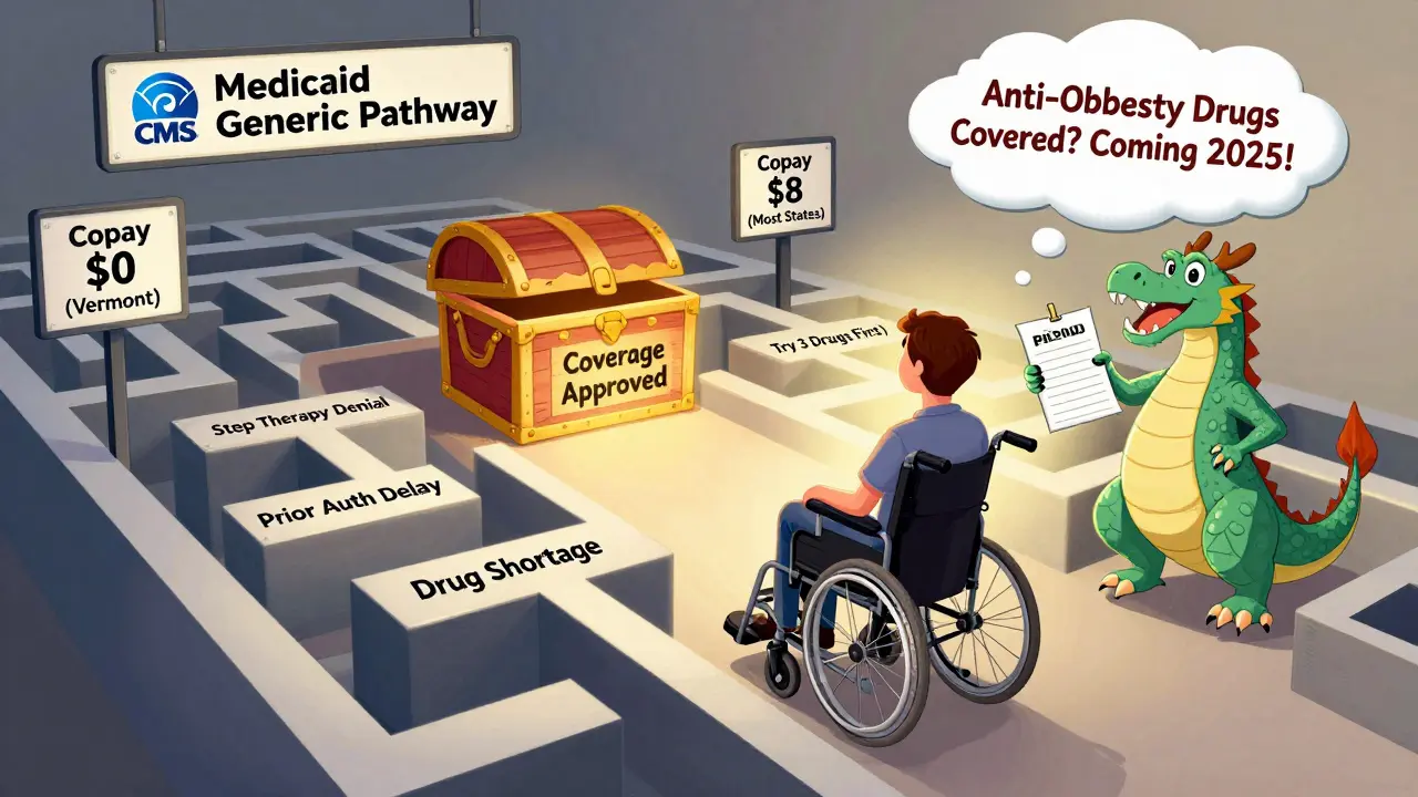 A patient rolling through a maze of Medicaid hurdles, ending at a treasure chest labeled 'Coverage Approved', guarded by a PBM dragon.