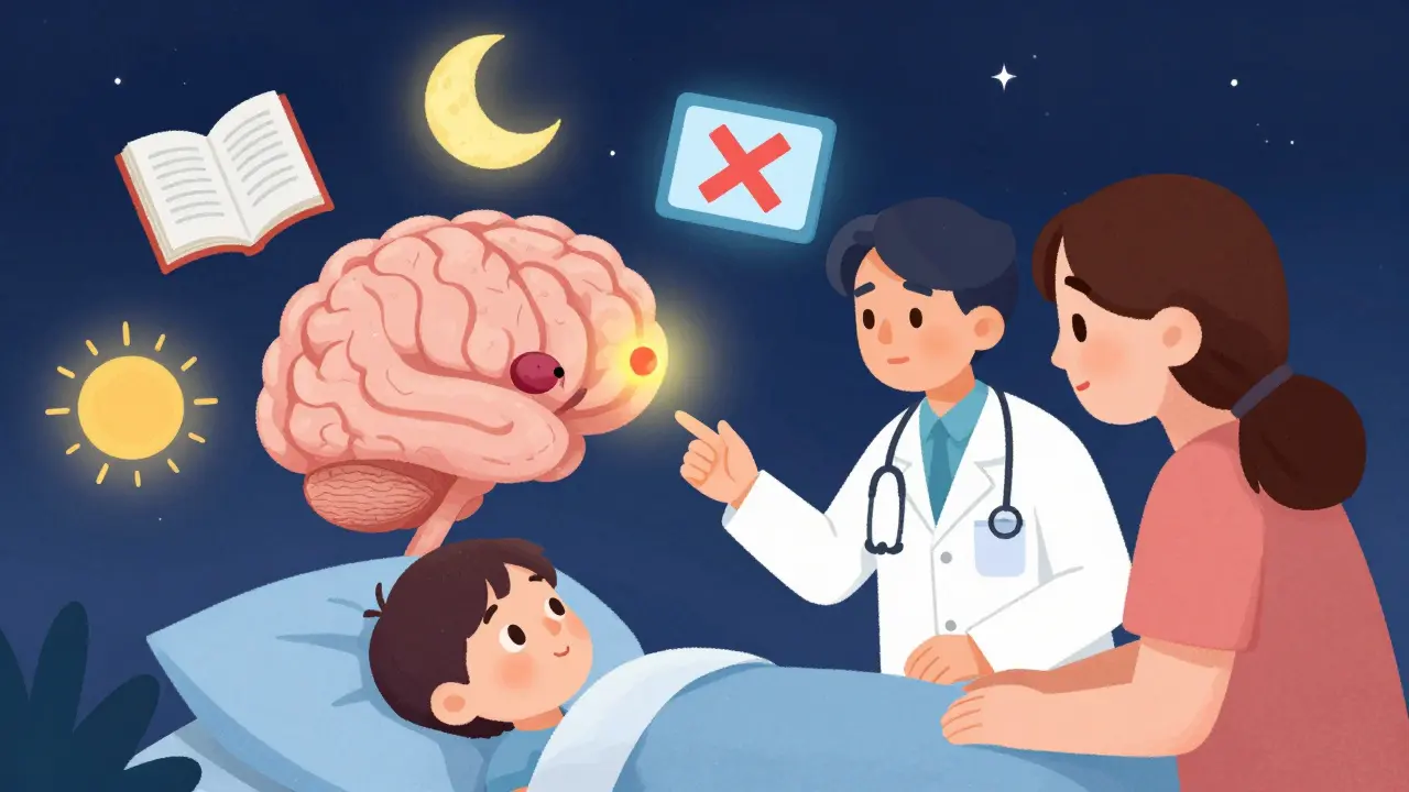 A pediatrician explains sleep hygiene to a child using a glowing brain and sleep icons in a starry night scene.