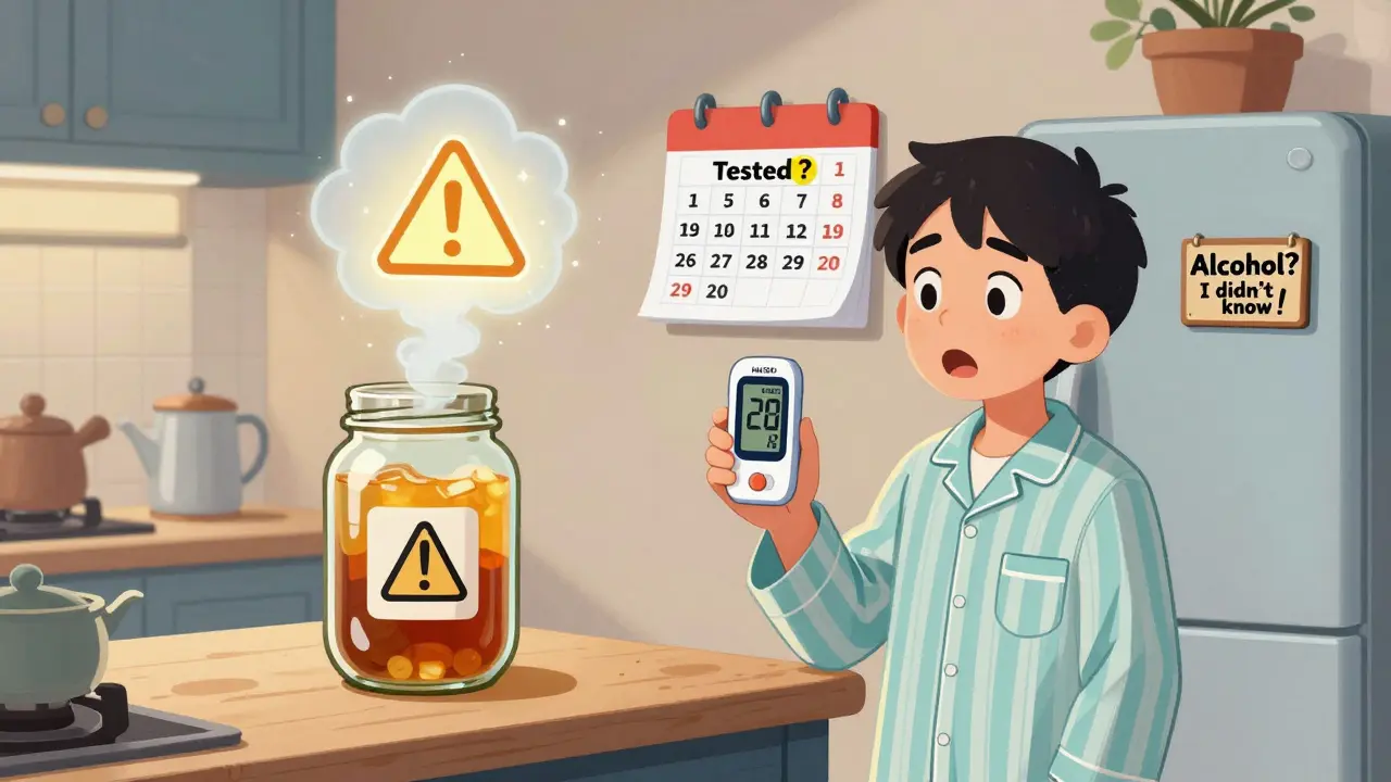 A person testing homemade kombucha with a digital alcoholmeter in a kitchen, surrounded by fermentation bubbles.