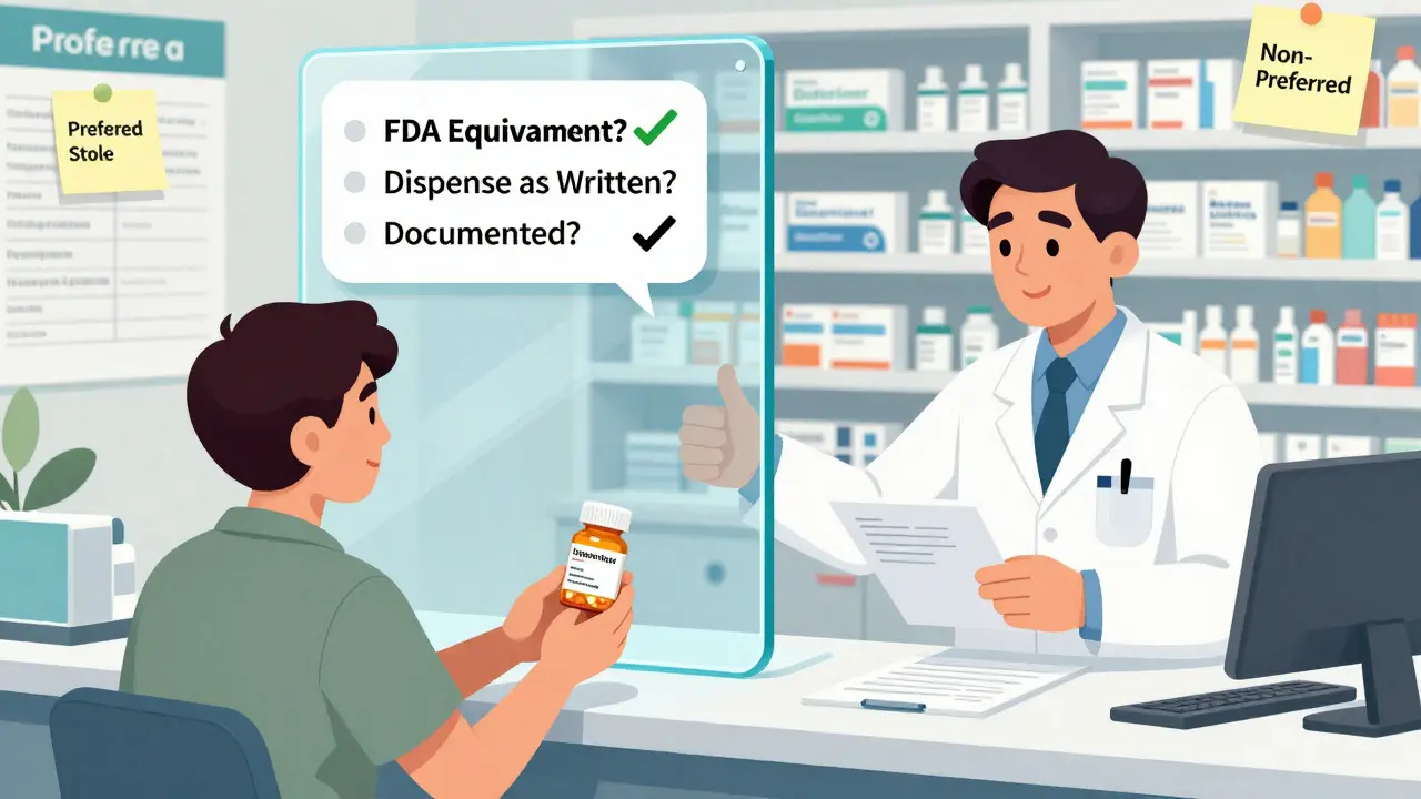 A pharmacist handing a generic medication to a patient, with a split-screen showing different state notification rules above.