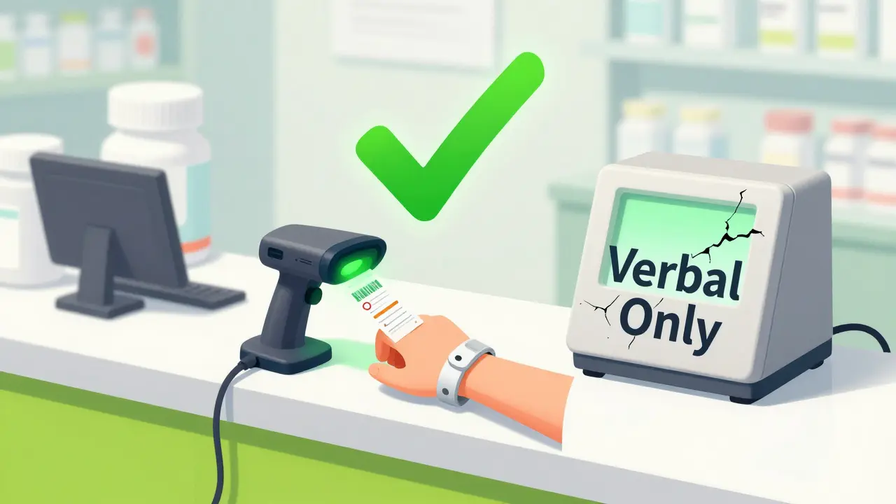 Barcode scanner verifying patient and medication with a green checkmark, contrasting with a broken verbal check system.
