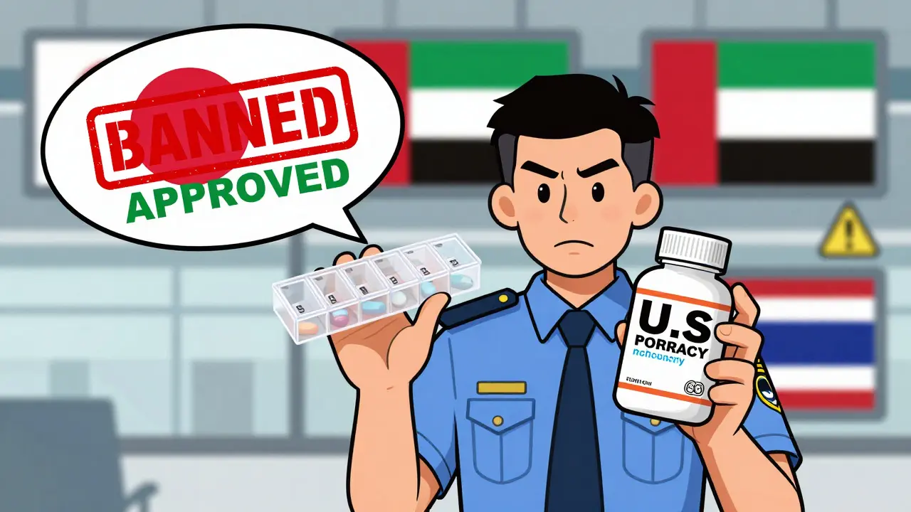 Customs officer comparing unlabeled pill organizer with labeled prescription bottle at international airport.