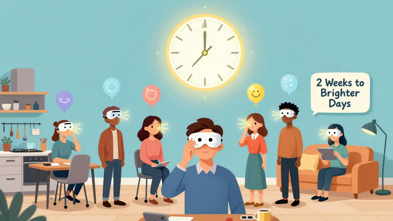 Diverse people using light therapy devices, connected by rays to a giant circadian clock in the sky.