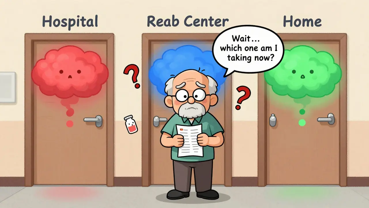Elderly patient confused between three doors emitting different colored pill clouds, holding a medication list with floating question marks.