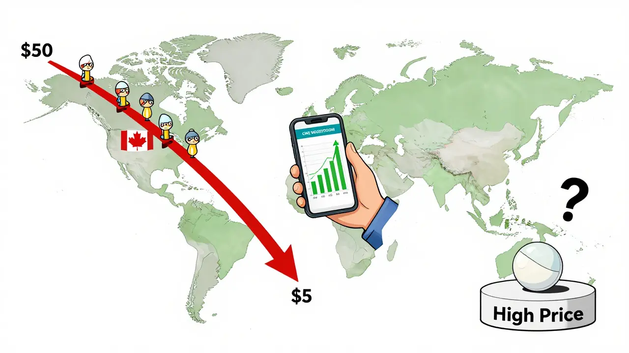 Global map showing how generic competition lowers drug prices in the U.S., Canada, and Germany.