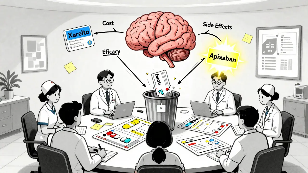Medical committee reviewing drug cards, with Xarelto being rejected and Apixaban glowing above a table covered in data charts.