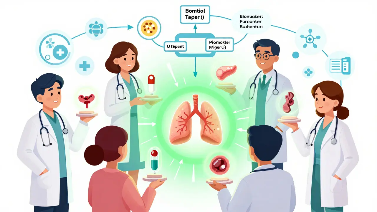 Medical team holding organ models with a shared flowchart showing steroid treatment and biomarker alerts.