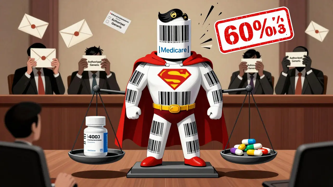 Medicare superhero balances a brand-name drug against cheap generics, crushing reverse payment tactics.