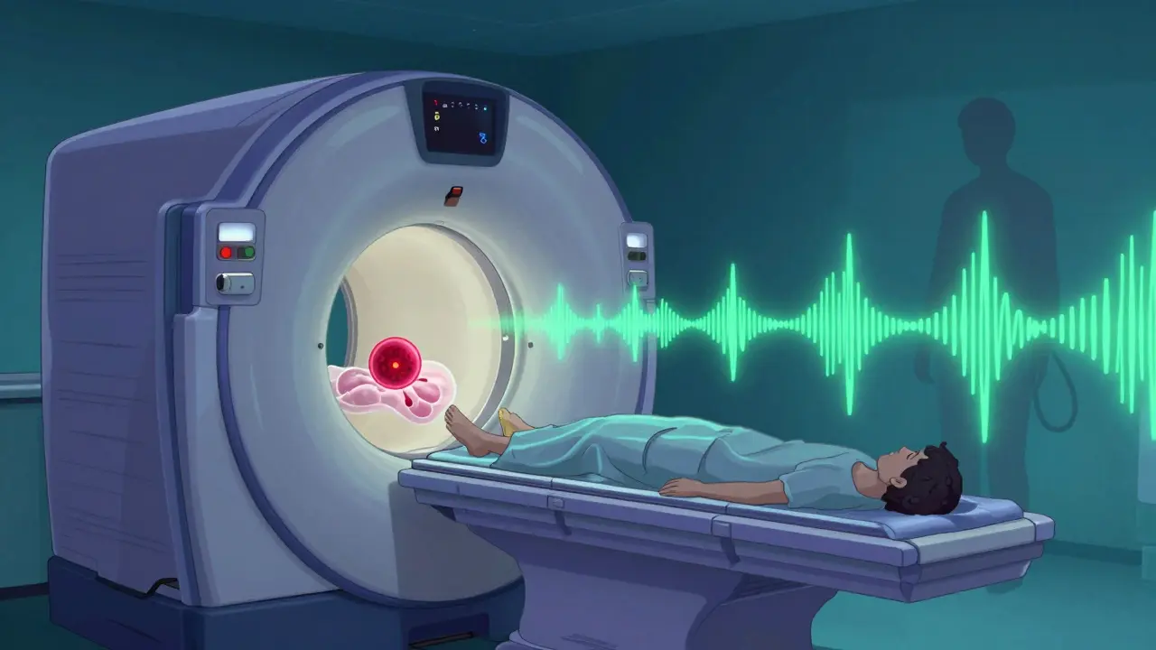 MRI scan revealing a prostate tumor in soft tissue with magnetic fields and no radiation.