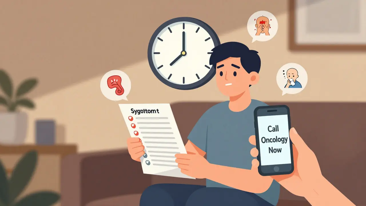 Patient holding a symptom checklist with floating warning icons of rash, diarrhea, and cough, clock ticking nearby.