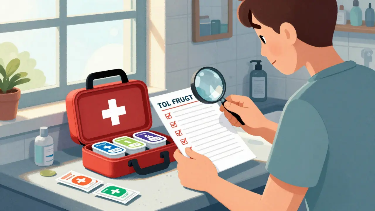Person checking expiration dates of first-aid items on a sunny kitchen counter with replacements nearby.