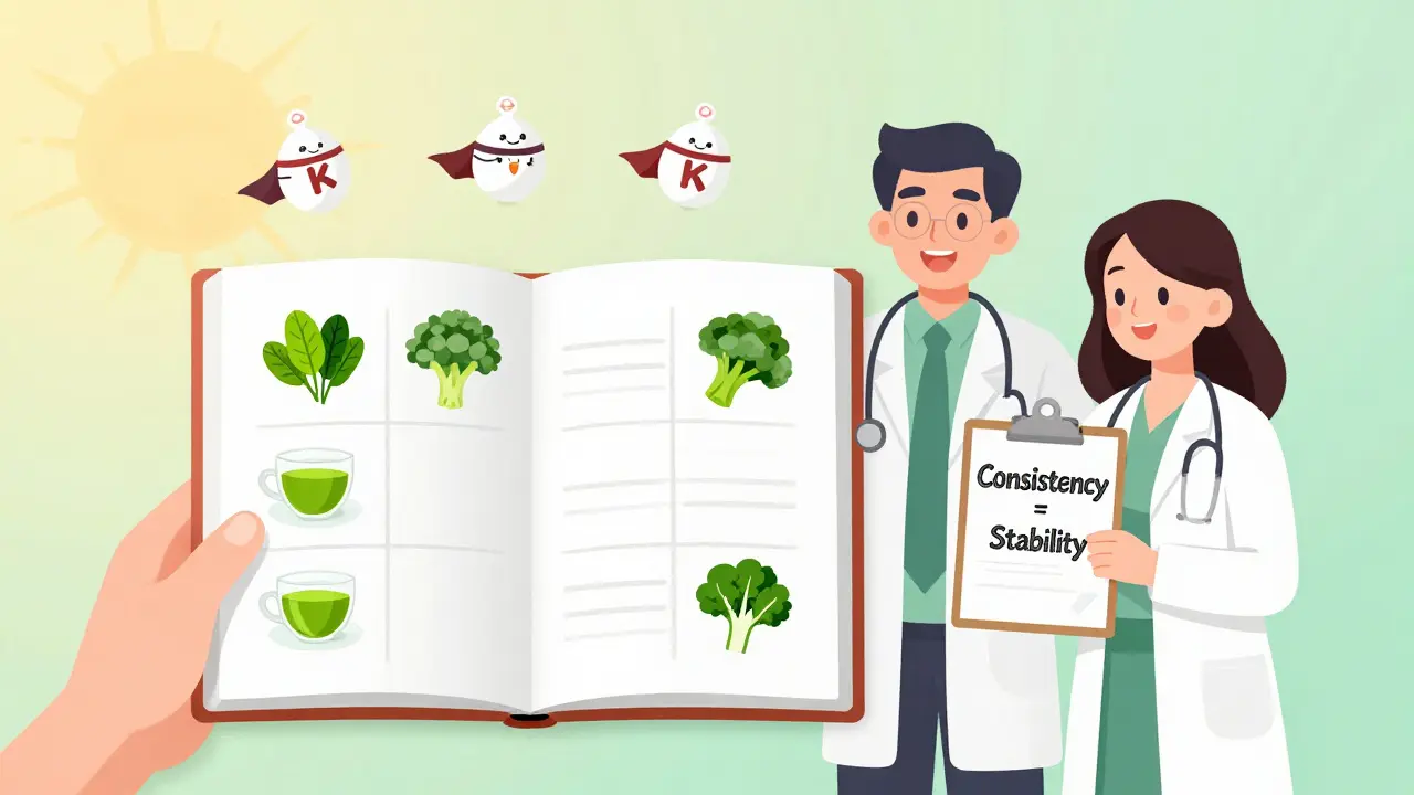 Person with food diary showing balanced daily vitamin K intake, supported by doctor and dietitian.
