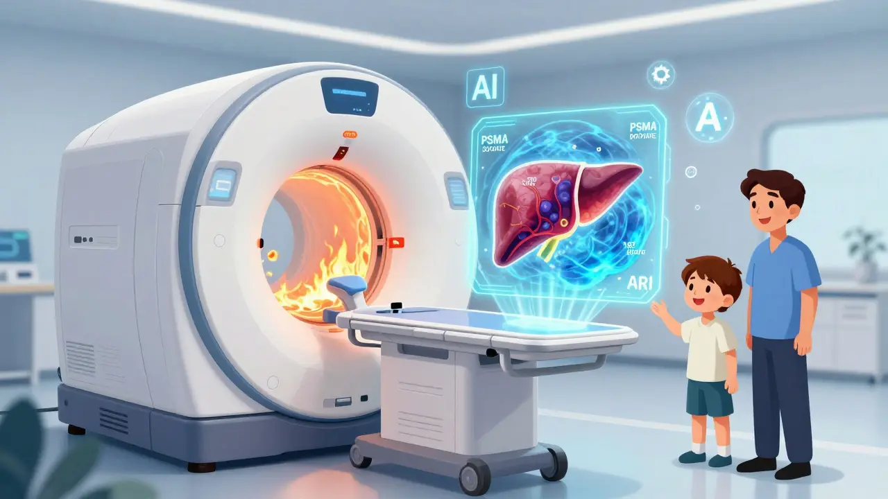 PET-MRI hybrid scanner projecting a tumor's biology and location with AI and novel tracers.