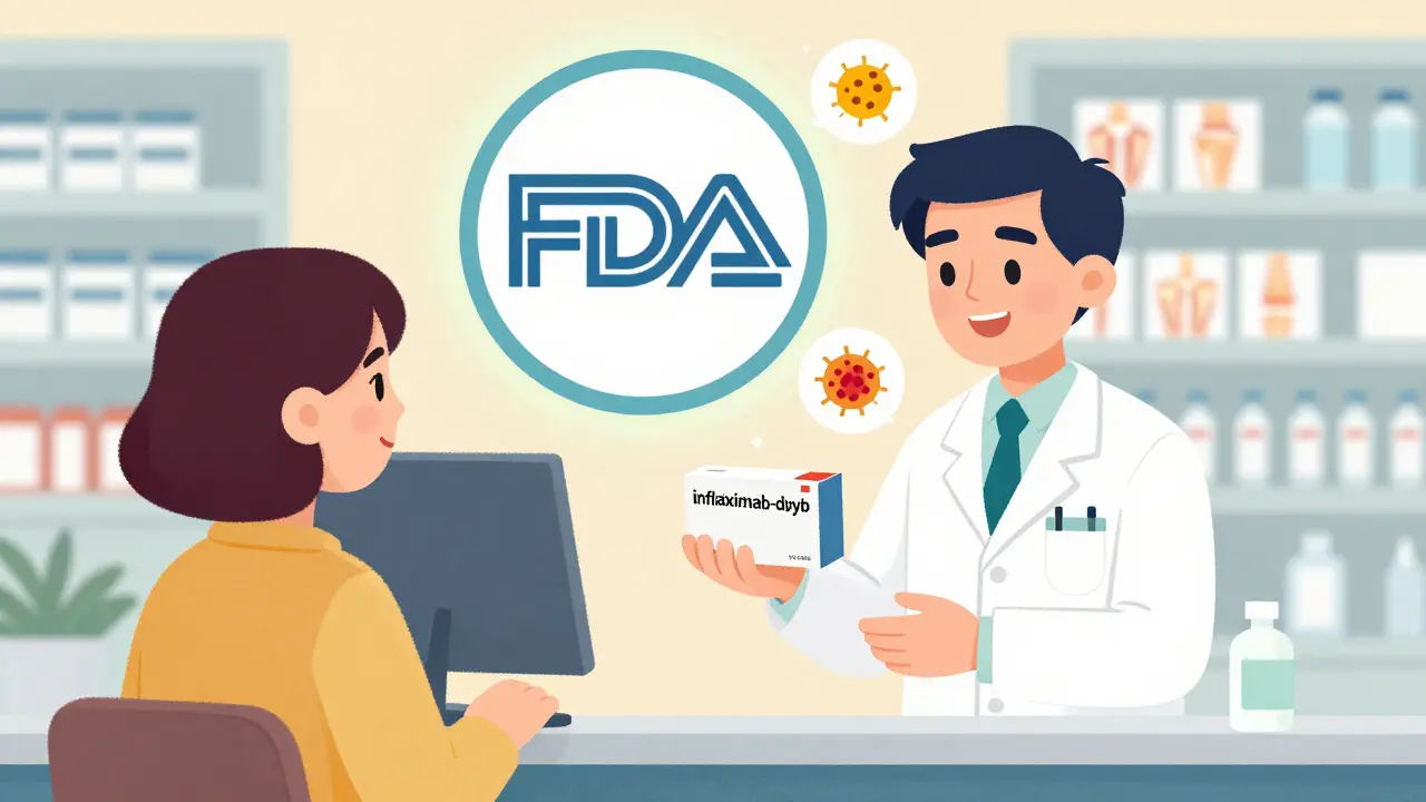 Pharmacist handing a patient a biosimilar medication box, with healing icons floating nearby in a friendly cartoon style.