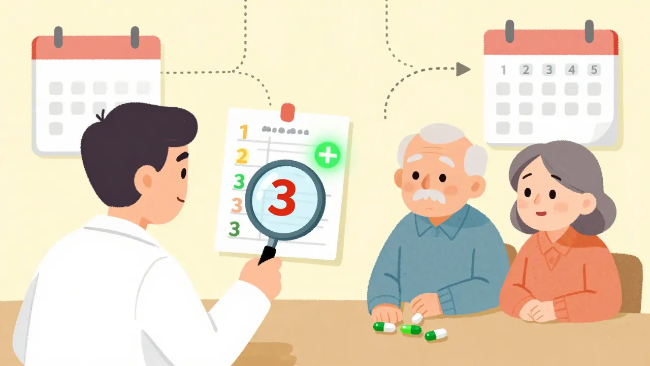 Pharmacist reviewing medication scores with elderly couple as ACB score changes from red to green.