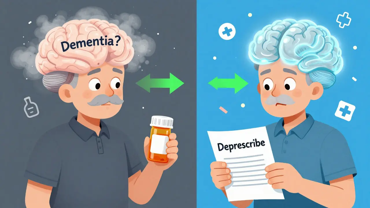 Side-by-side image of an elderly man with cloudy vs. clear brain after stopping harmful medications.