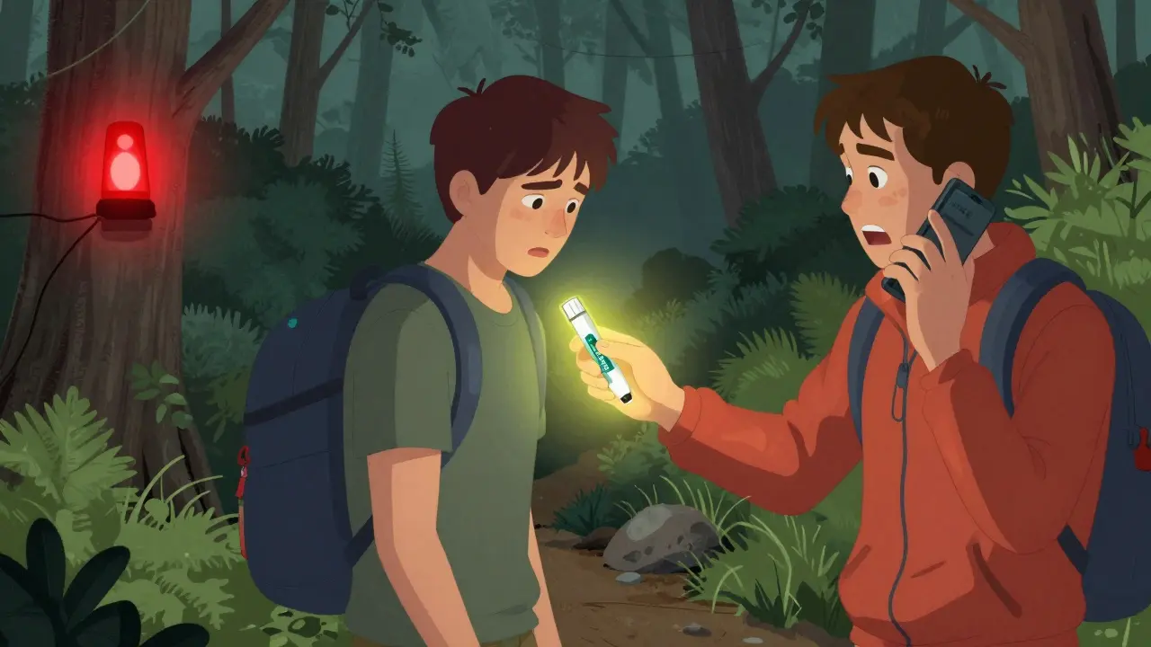 Someone using an expired EpiPen during a hiking emergency while another calls for help.