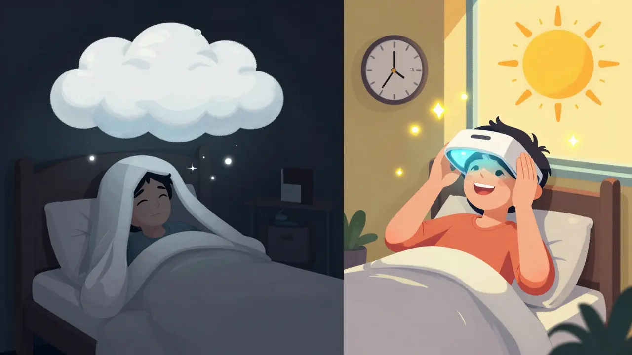 Split illustration: one side dark and tired, the other bright and energized with light therapy.