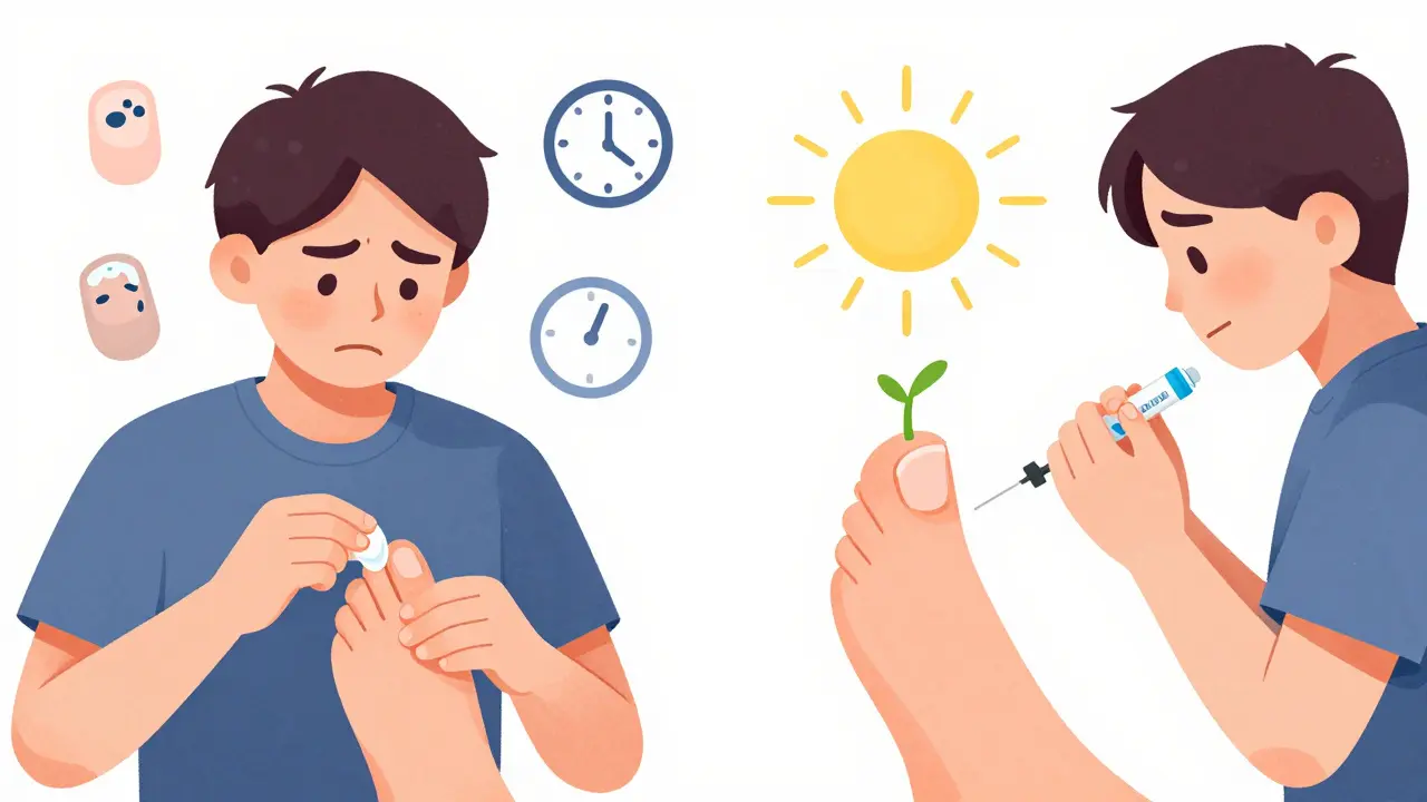 Split scene: frustrated person using wrong treatment vs. person improving with correct medical care for nail condition.