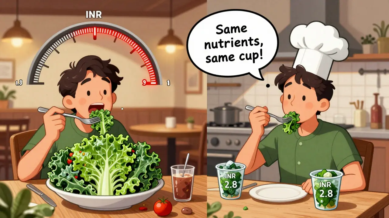 Split scene: person eating giant salad with low INR vs. eating controlled spinach with stable INR.