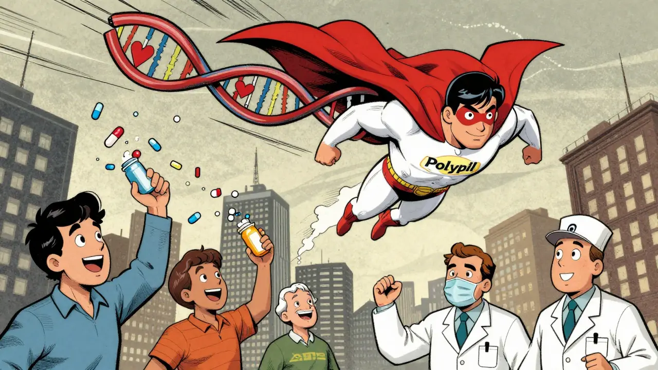 Superhero 'Polypill' flying over city, replacing multiple pills with one.