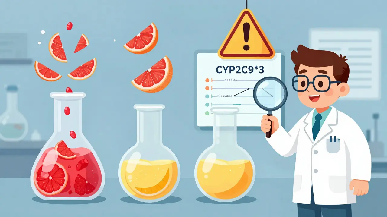 Three SSRIs in a beaker: one damaged by grapefruit, others safe, with a genetic chart and warning sign.