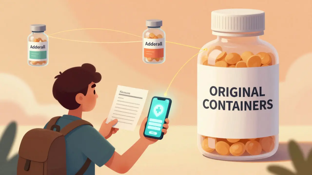 Traveler holding doctor’s letter as floating medication bottles connect to a large original prescription bottle.