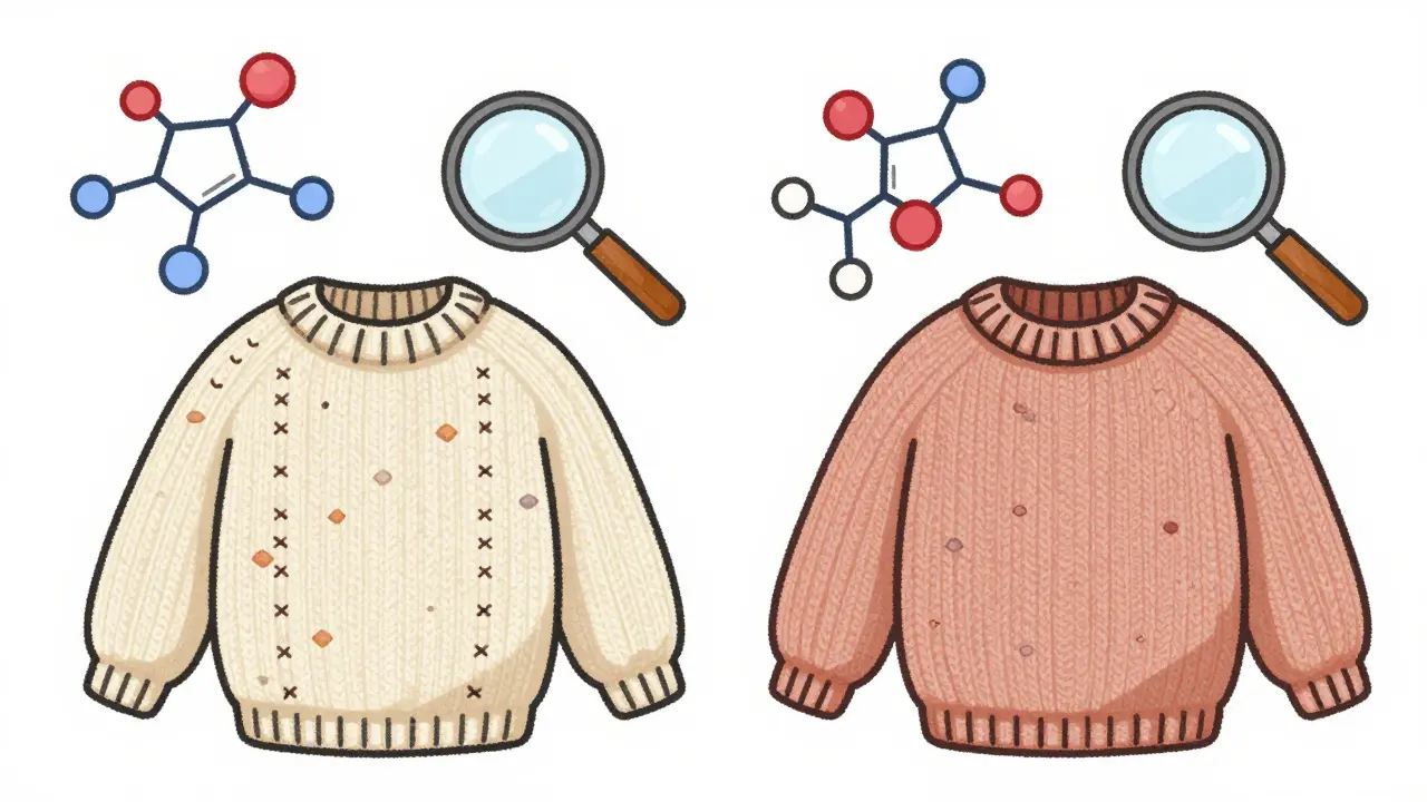 Two handmade wool sweaters keeping a patient warm, with subtle differences in stitching, above floating biologic and biosimilar molecules.
