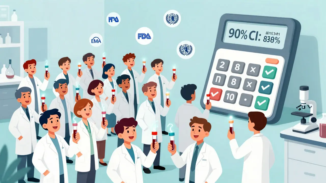 24 volunteers in a lab holding blood vials, with data curves and regulatory logos floating above.